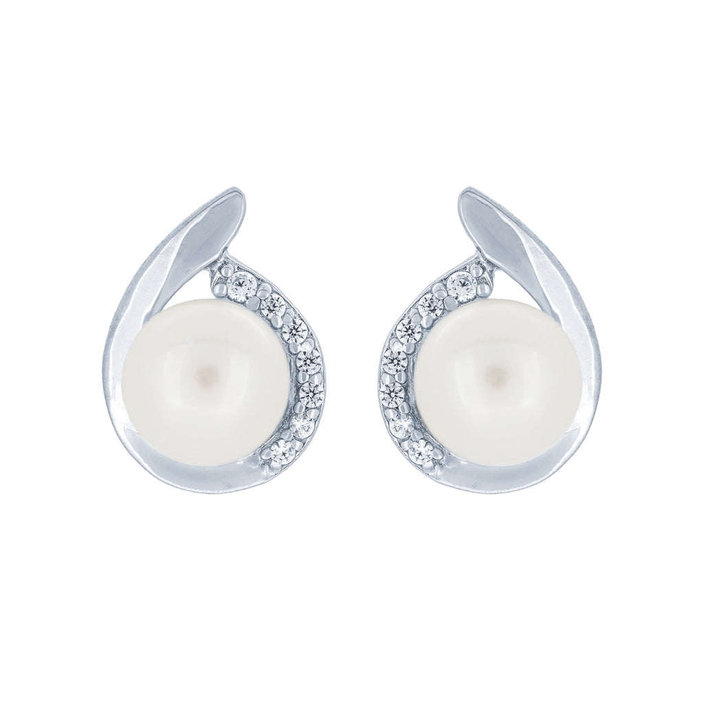(100020) 6-6.5mm Freshwater Cultured Pearl White Cubic Zirconia Stud Earrings In Sterling Silver