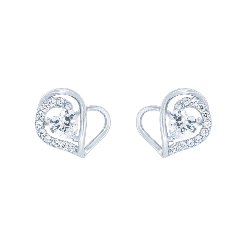(100056) White Cubic Zirconia Heart Stud Earrings In Sterling Silver