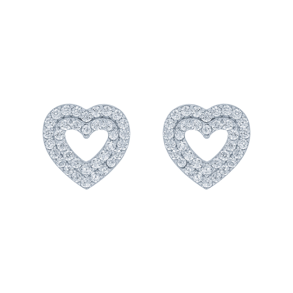 (100094) White Cubic Zirconia Double Layers Hearts Stud Earrings In Sterling Silver