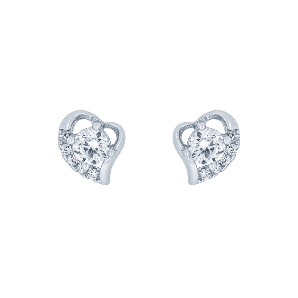 (100103) White Cubic Zirconia Heart Stud Earrings In Sterling Silver