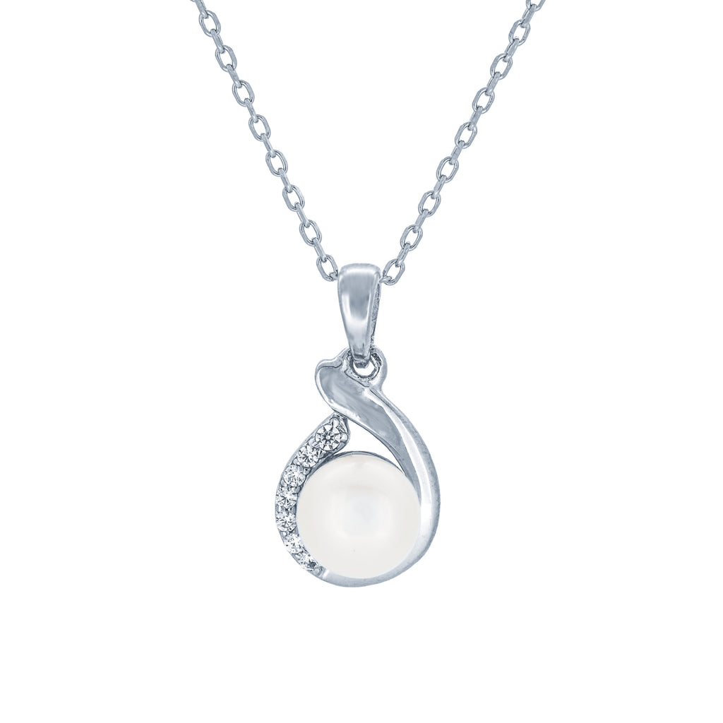 (100002) 7-7.5mm Freshwater Cultured Pearl White Cubic Zirconia Pendant Necklace In Sterling Silver