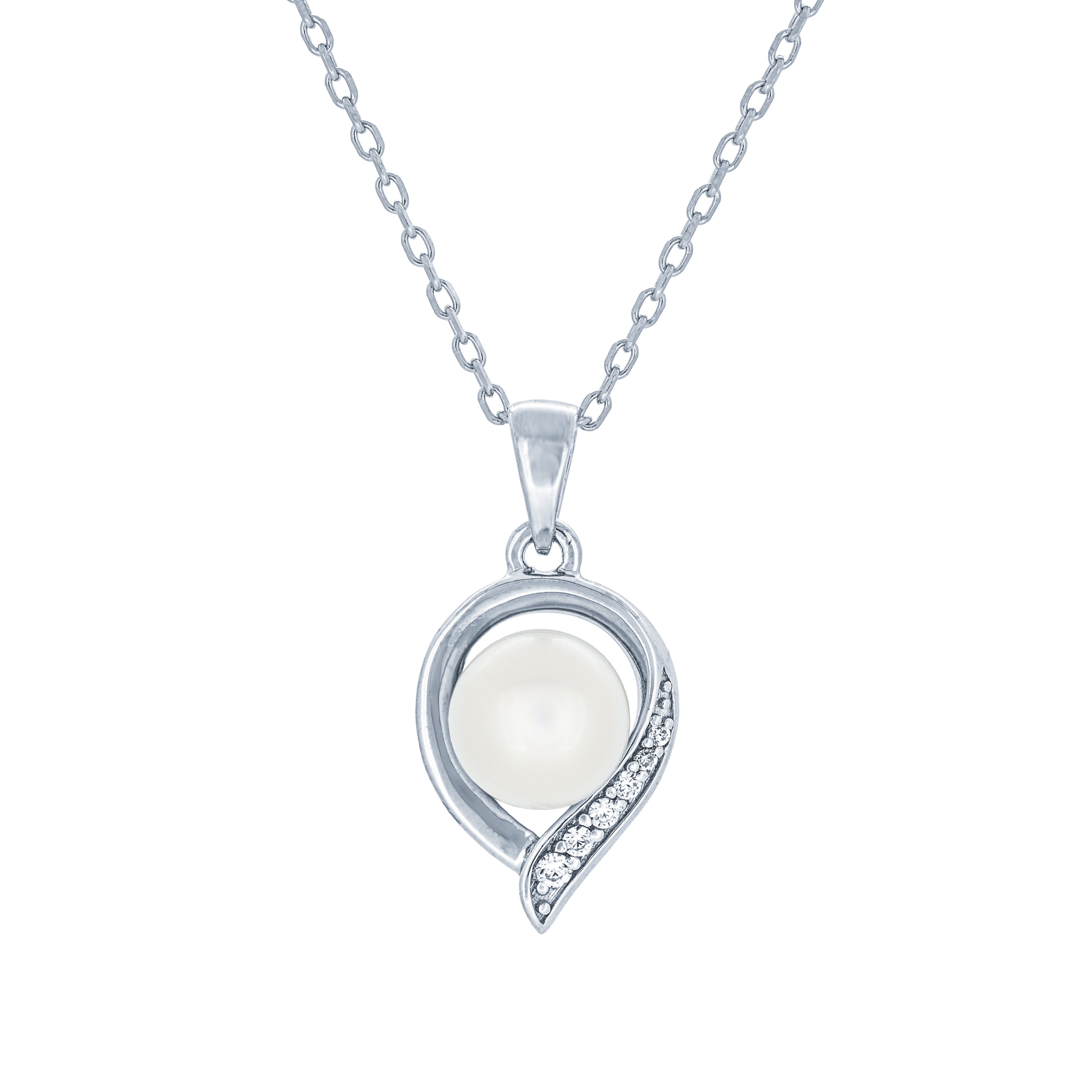 (100003) 7-7.5mm Freshwater Cultured Pearl White Cubic Zirconia Pendant Necklace In Sterling Silver