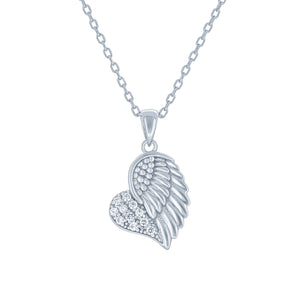 (100004) White Cubic Zirconia Heart With Angel Wing Pendant Necklace In Sterling Silver