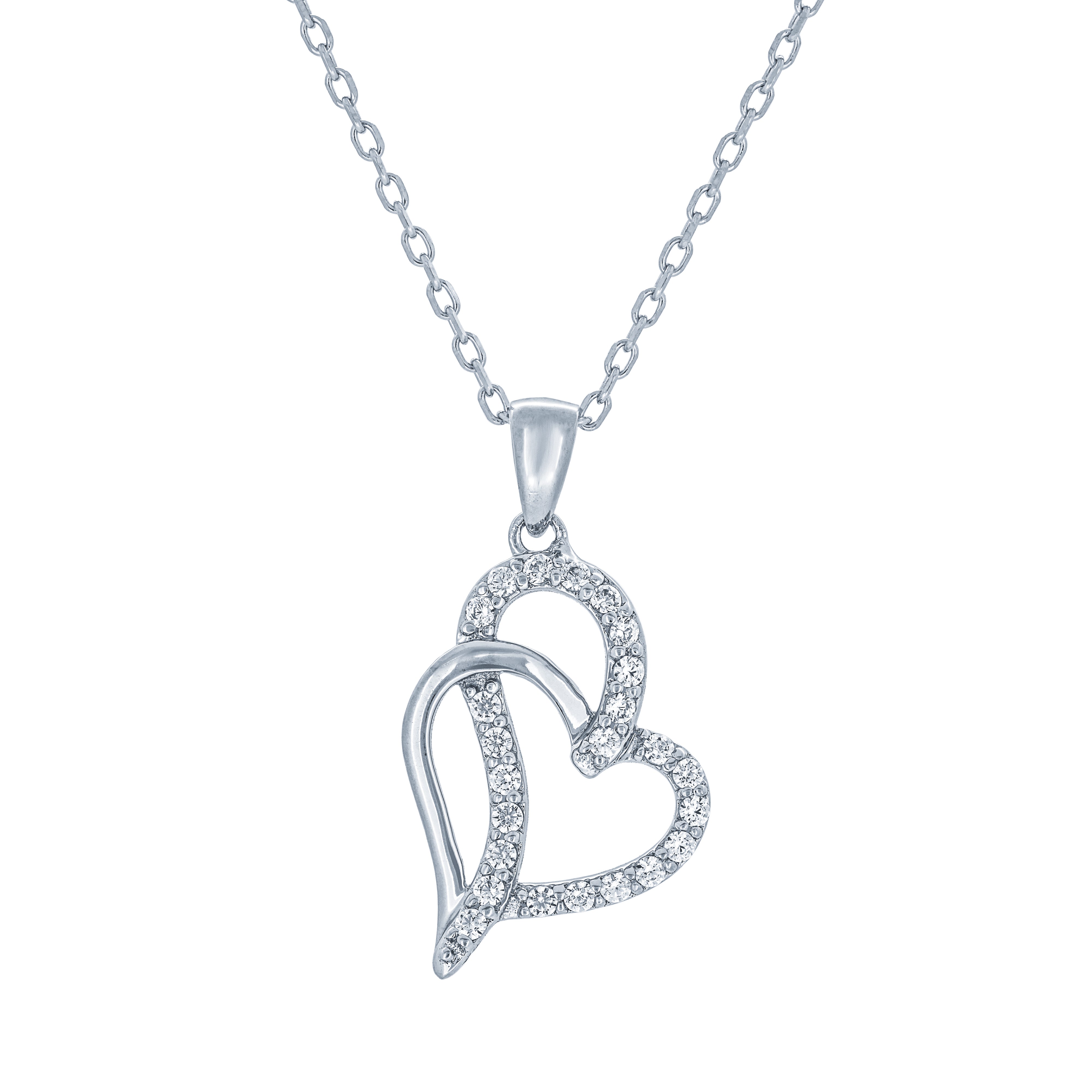 (100005) White Cubic Zirconia Heart Pendant Necklace In Sterling Silver