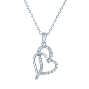(100005) White Cubic Zirconia Heart Pendant Necklace In Sterling Silver
