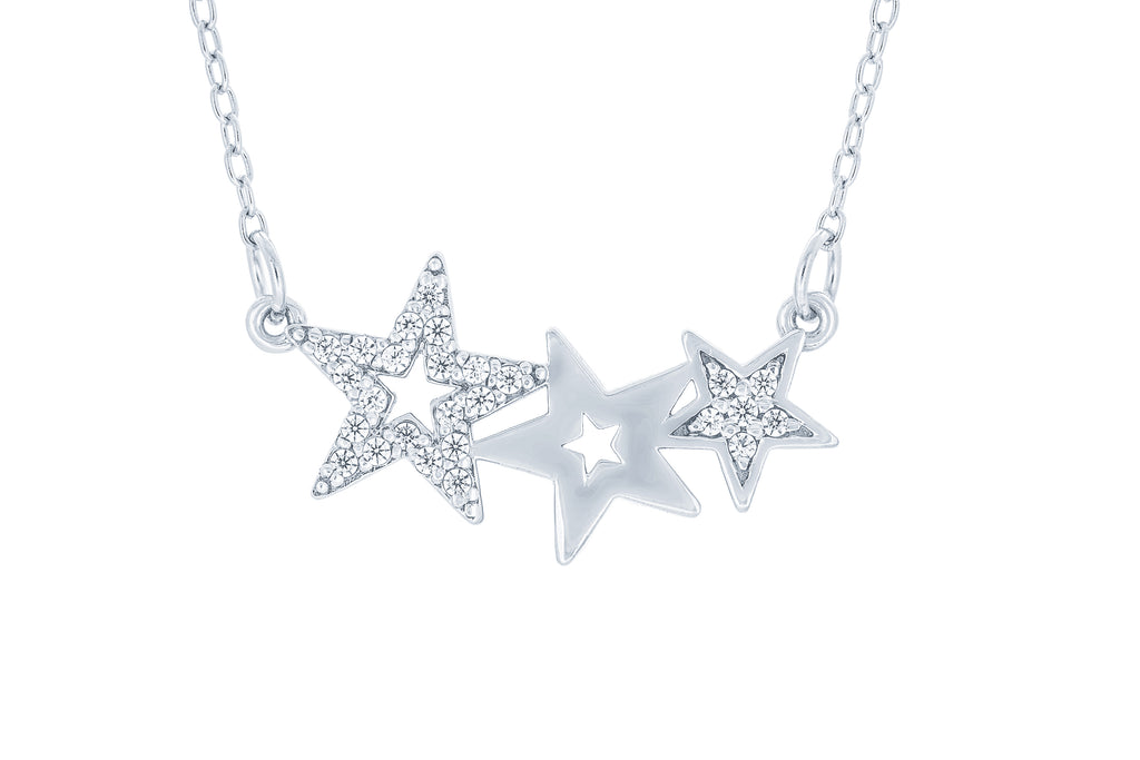 (100008) White Cubic Zirconia Stars Necklace In Sterling Silver