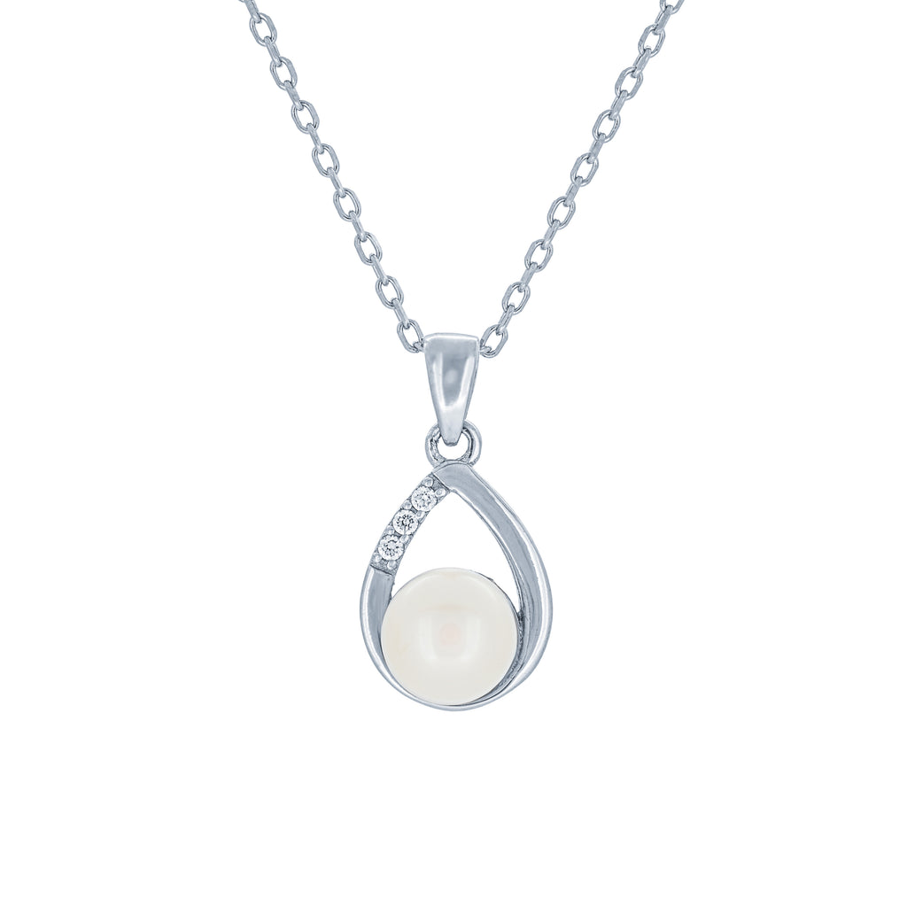 (100009) 7-7.5mm Freshwater Cultured Pearl White Cubic Zirconia Pendant Necklace In Sterling Silver