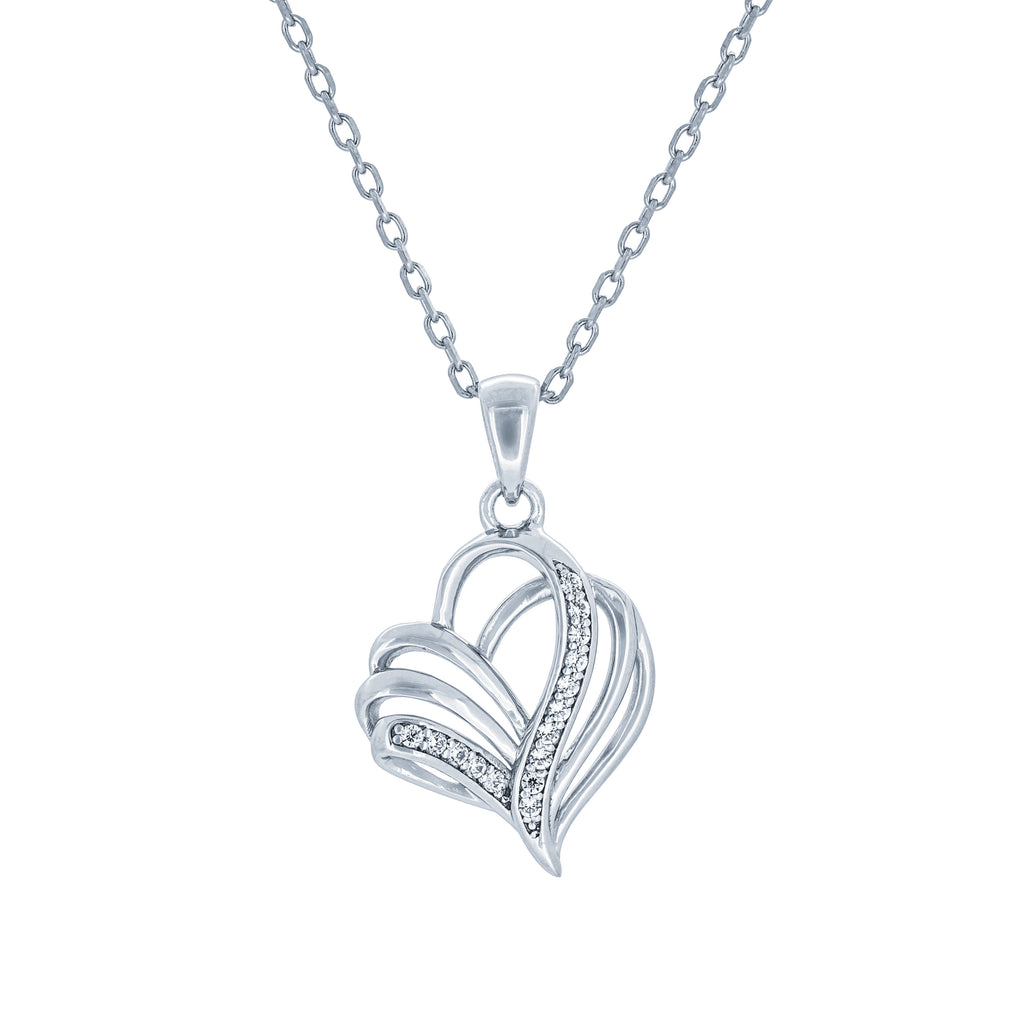 (100012) White Cubic Zirconia Heart Pendant Necklace In Sterling Silver