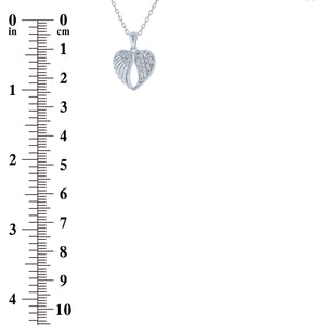 (100013) White Cubic Zirconia Heart With Angel Wing Pendant Necklace In Sterling Silver
