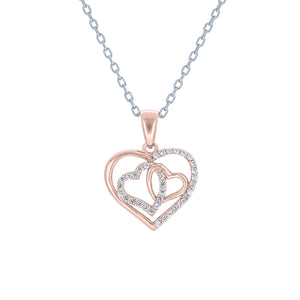 (100015A) White Cubic Zirconia Heart Pendant Necklace In Sterling Silver and Rose Gold Plate