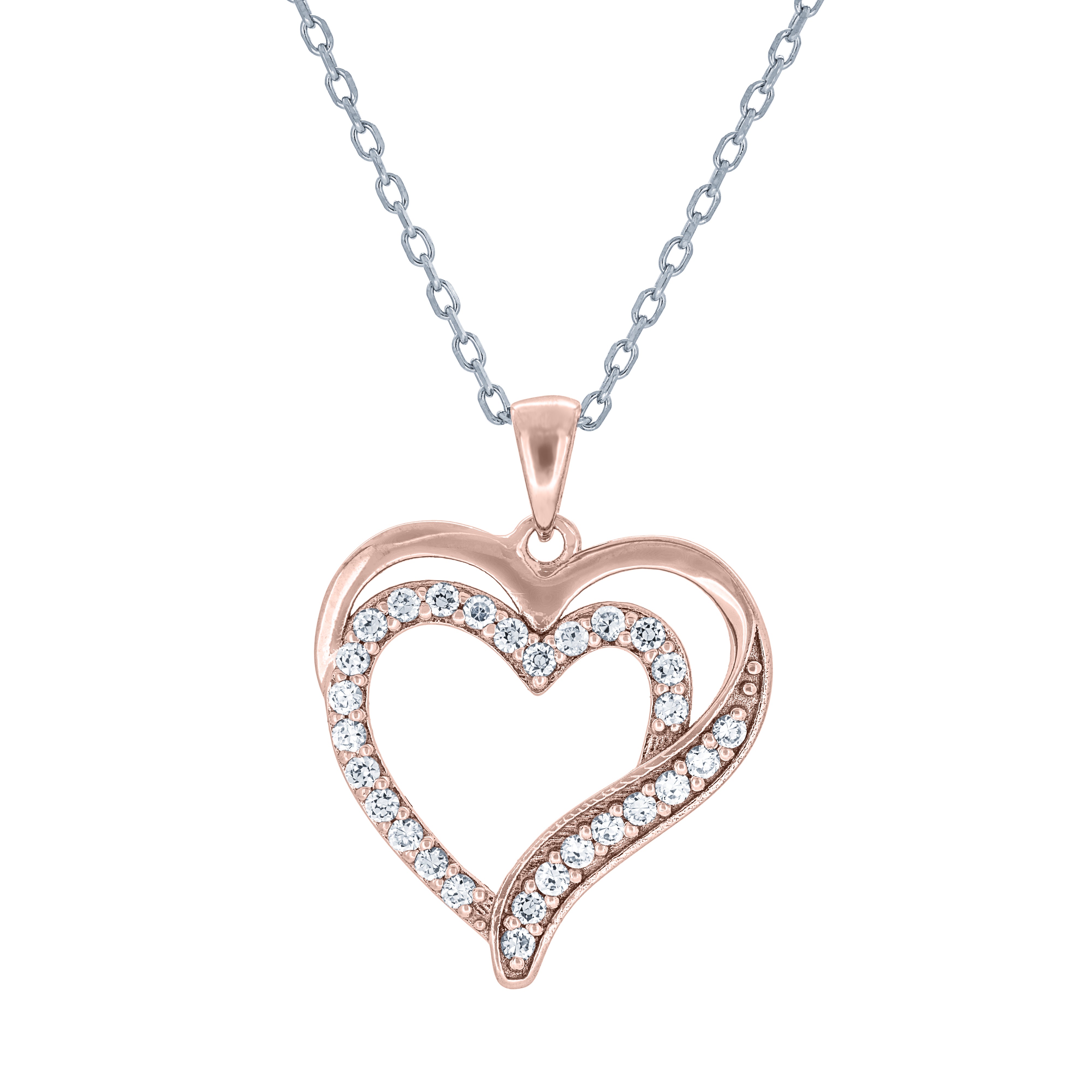 (100017A) White Cubic Zirconia Heart Pendant Necklace In Sterling Silver and Rose Gold Plate