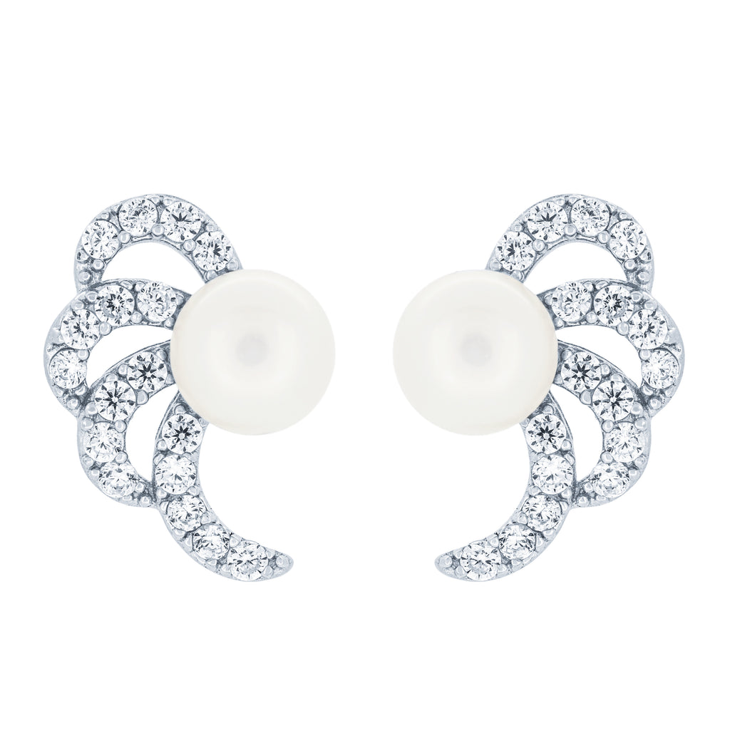(100022) 6-6.5mm Freshwater Cultured Pearl White Cubic Zirconia Stud Earrings In Sterling Silver