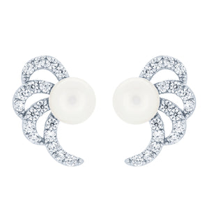 (100022) 6-6.5mm Freshwater Cultured Pearl White Cubic Zirconia Stud Earrings In Sterling Silver