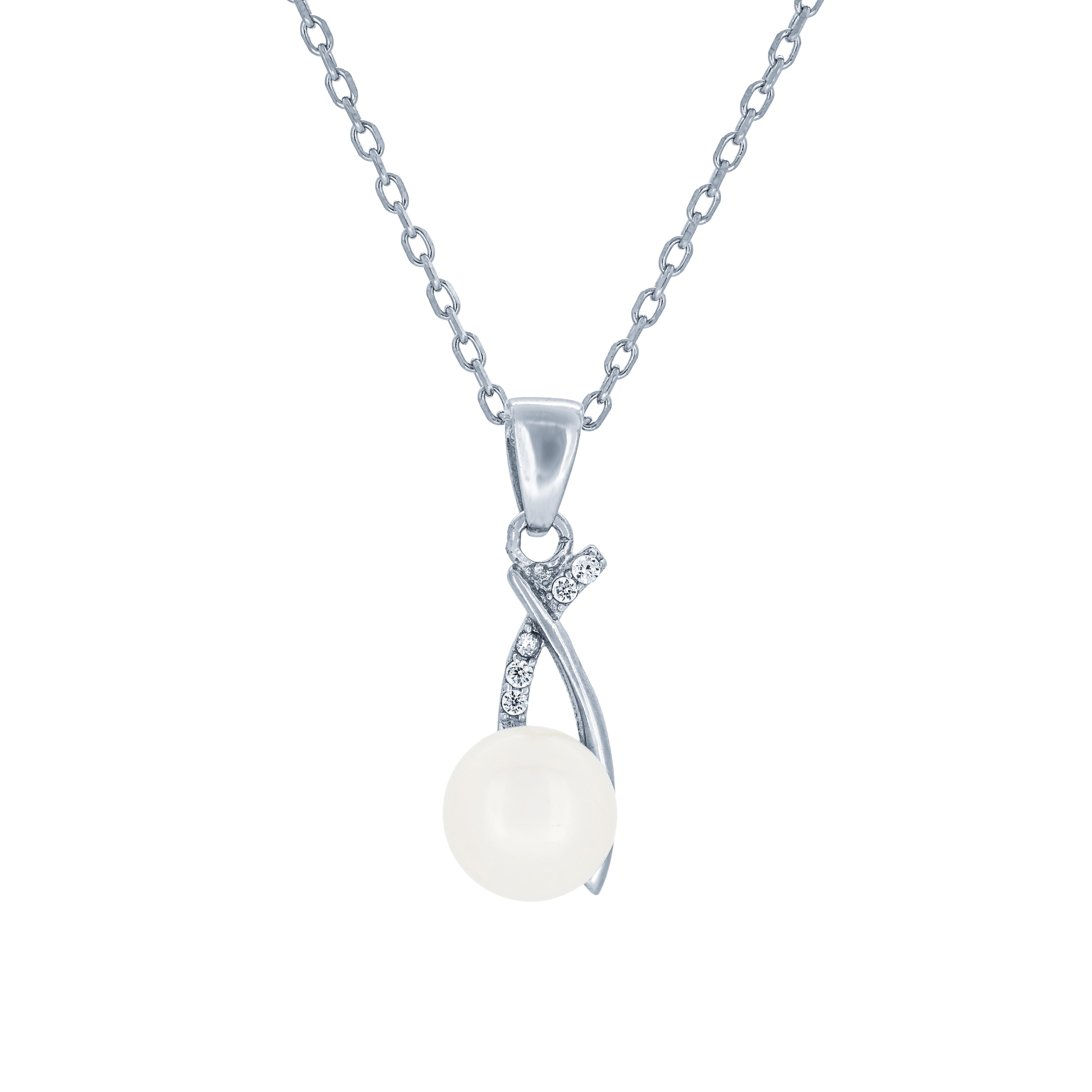 (100025) 7-7.5mm Freshwater Cultured Pearl White Cubic Zirconia Pendant Necklace In Sterling Silver
