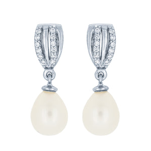 (100026) 7-7.5mm Freshwater Cultured Pearl White Cubic Zirconia Drop Earrings In Sterling Silver
