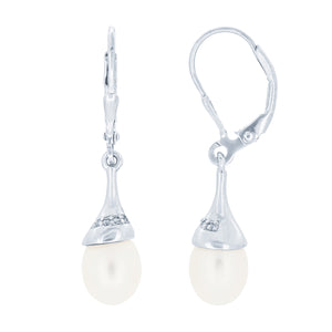 (100028) 7-7.5mm Freshwater Cultured Pearl White Cubic Zirconia Drop Earrings In Sterling Silver