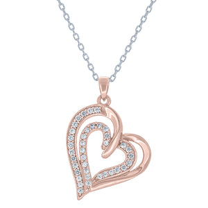 (100033A) White Cubic Zirconia Heart Pendant Necklace In Sterling Silver and Rose Gold Plate