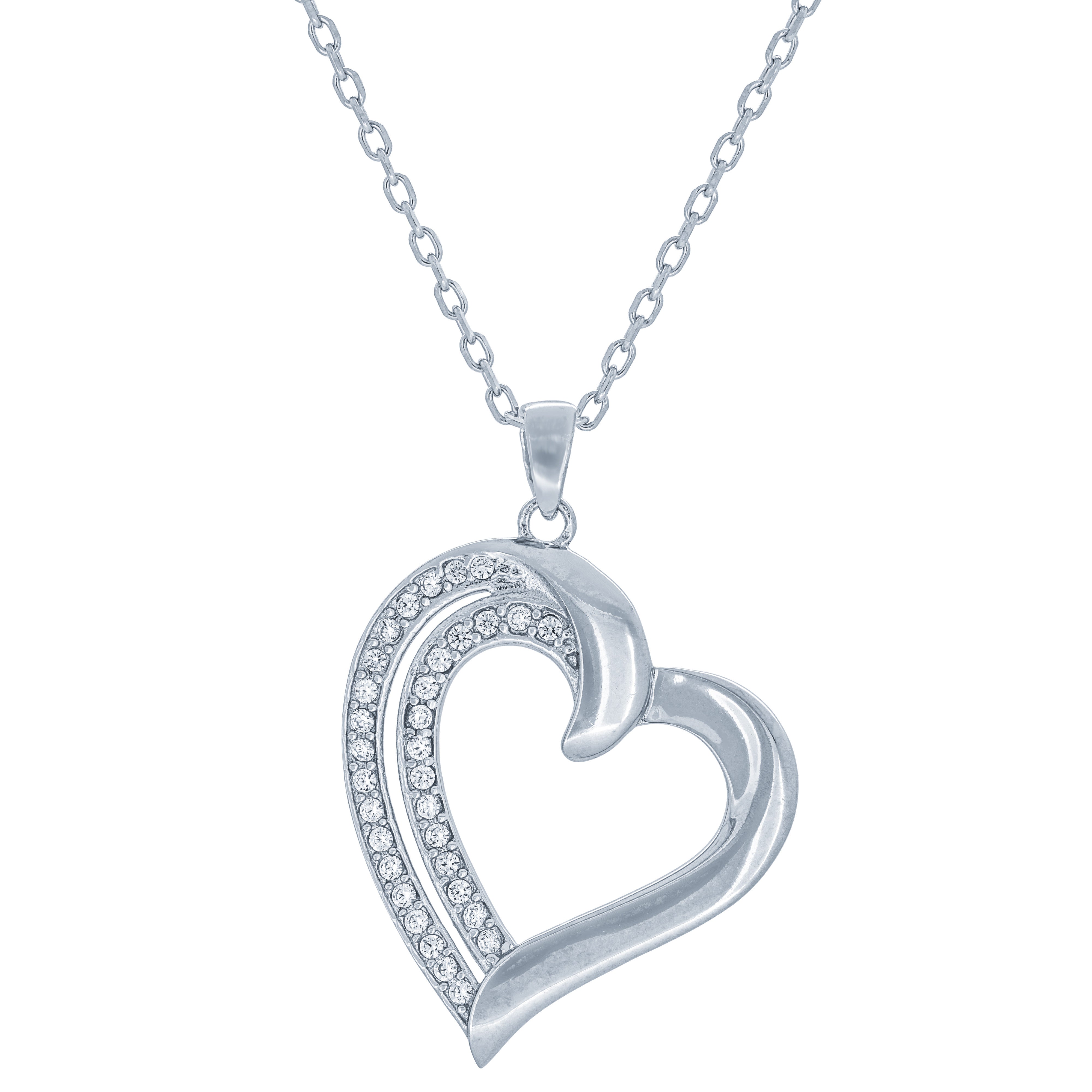 (100034) White Cubic Zirconia Heart Pendant Necklace In Sterling Silver
