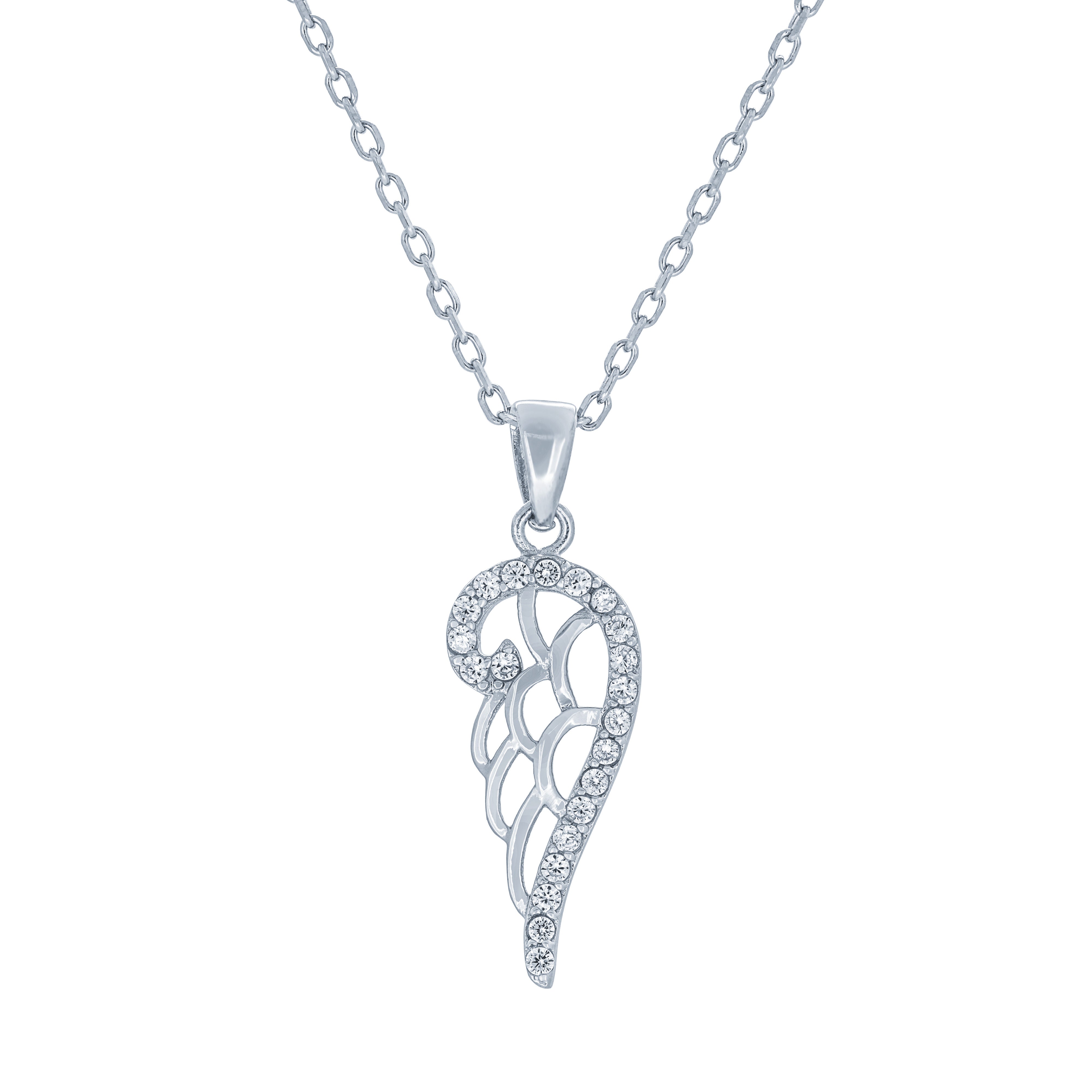 (100035) White Cubic Zirconia Angel Wing Pendant Necklace In Sterling Silver
