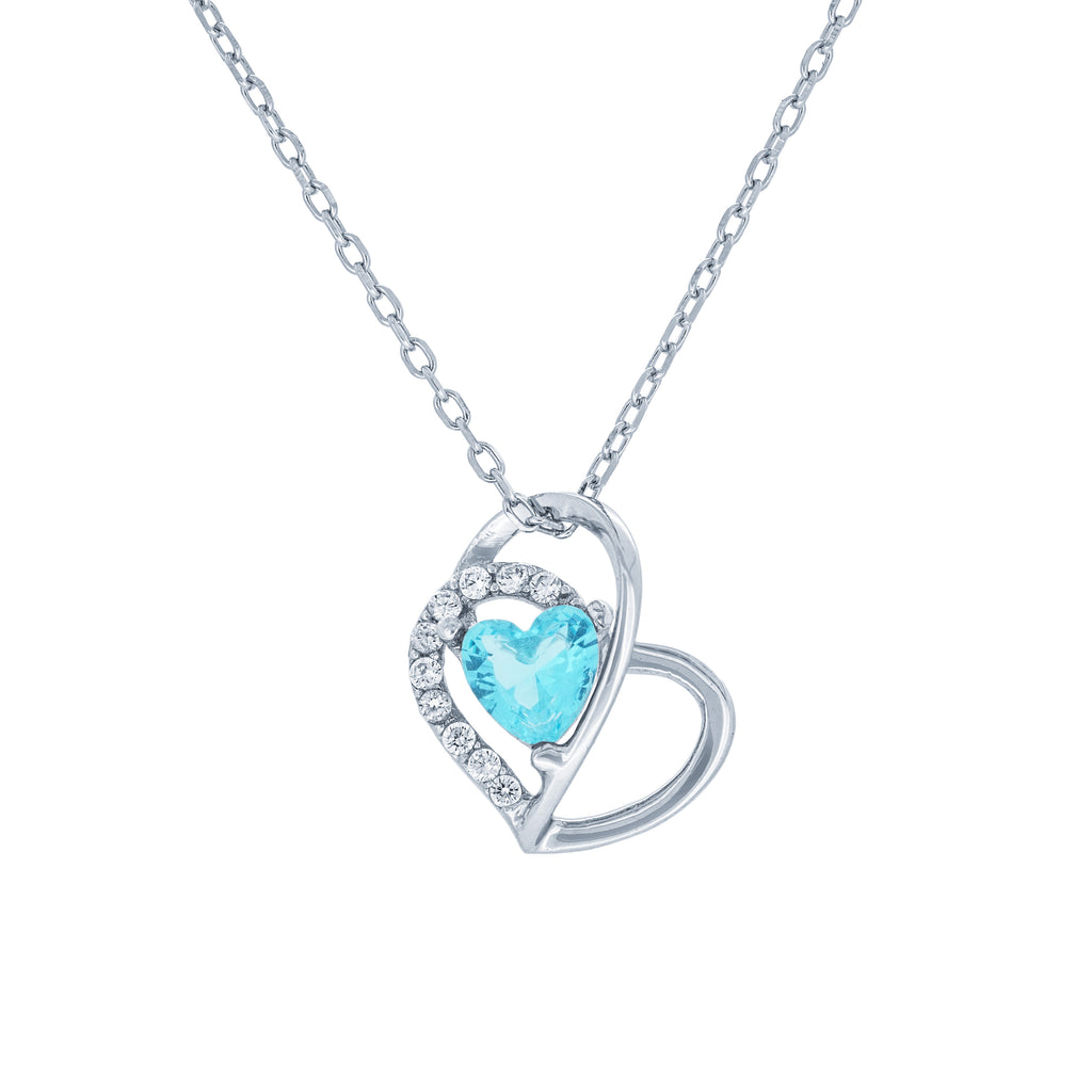 (100037) Simulated Aquamarine & White Cubic Zirconia Heart Pendant Necklace In Sterling Silver
