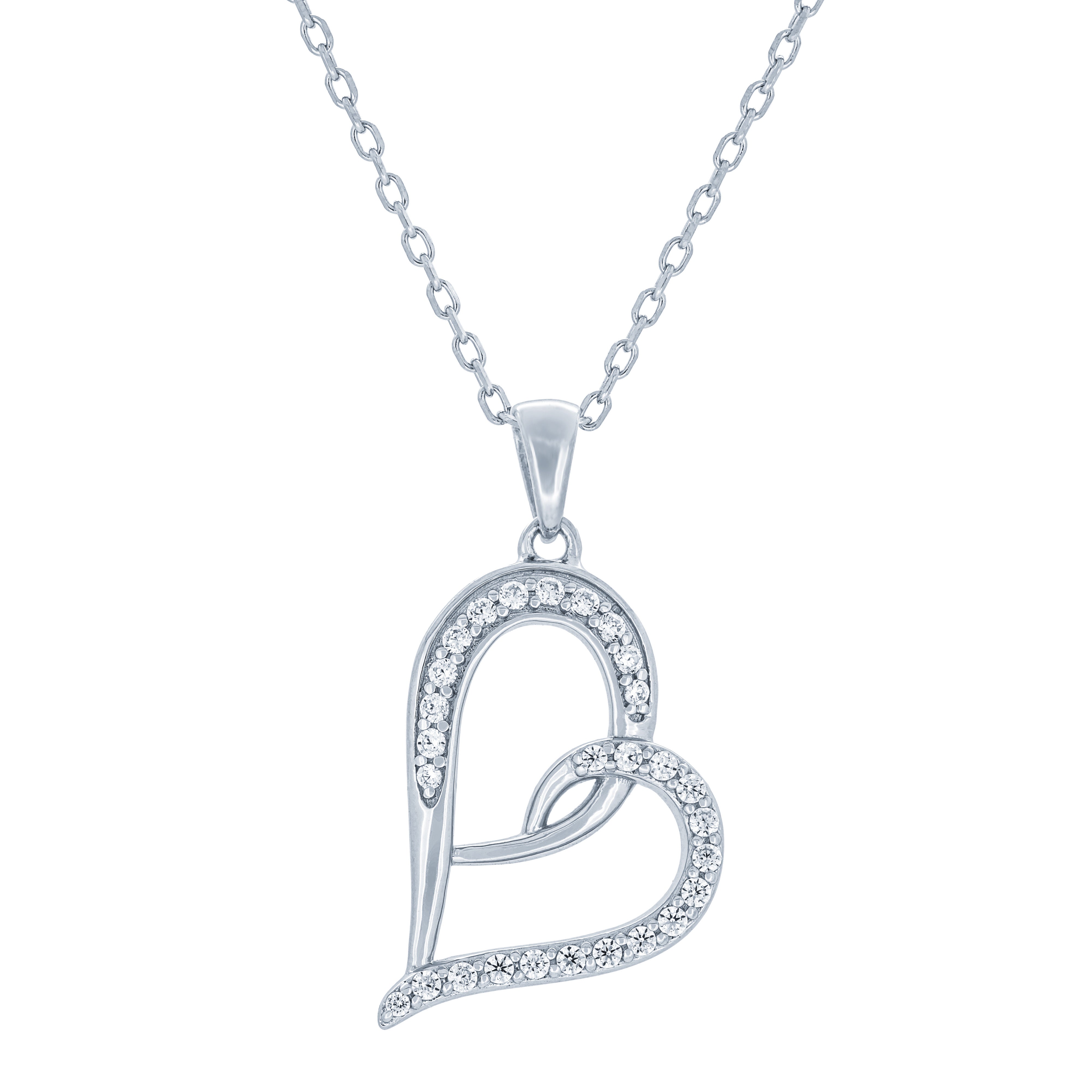 (100042) White Cubic Zirconia Heart Pendant Necklace In Sterling Silver