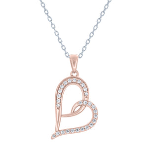 (100042A) White Cubic Zirconia Heart Pendant Necklace In Sterling Silver and Rose Gold Plate