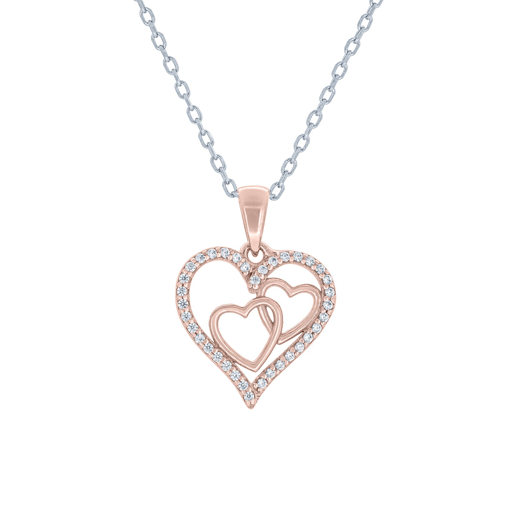 (100045A) White Cubic Zirconia Heart Pendant Necklace In Sterling Silver and Rose Gold Plate