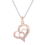 (100046A) White Cubic Zirconia Heart Pendant Necklace In Sterling Silver and Rose Gold Plate