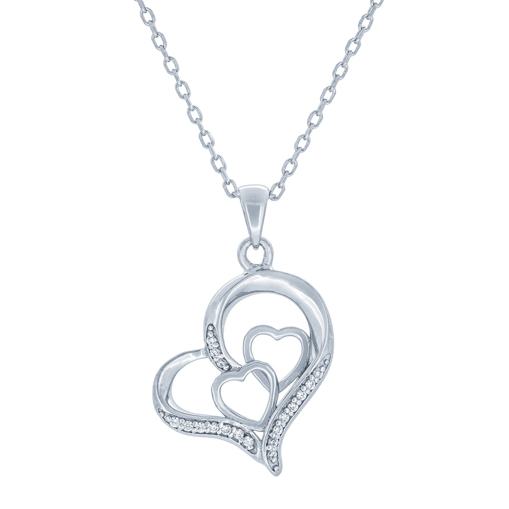 (100046) White Cubic Zirconia Heart Pendant Necklace In Sterling Silver