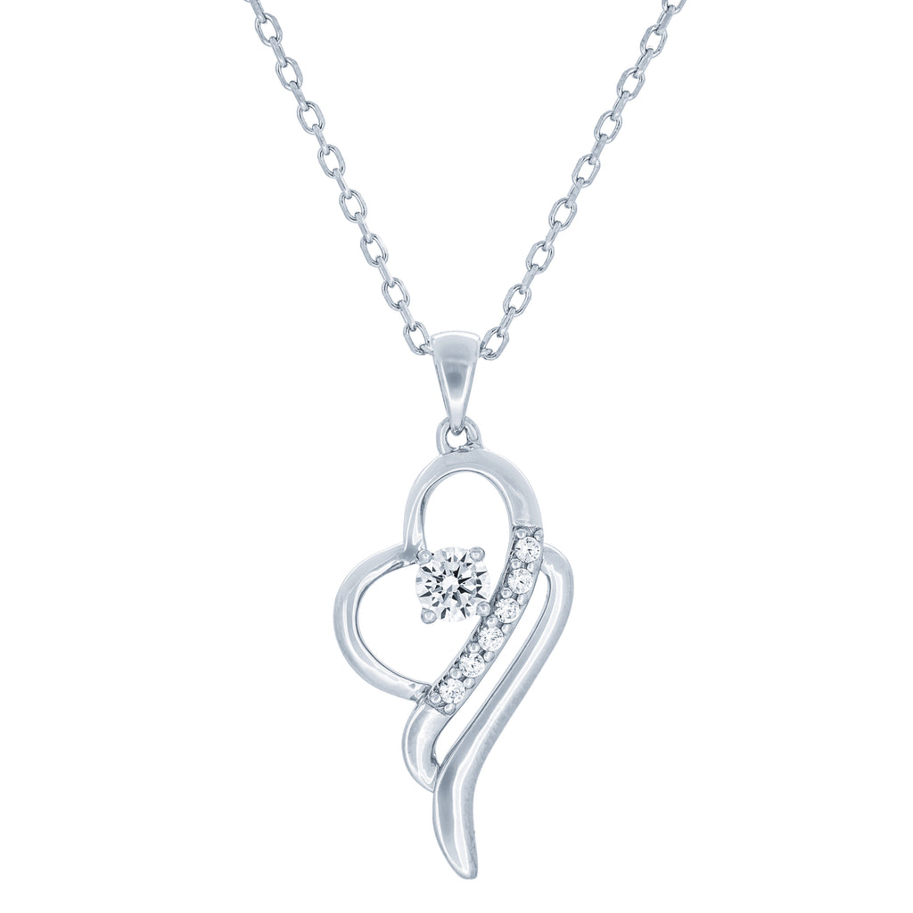 (100047) White Cubic Zirconia Heart Pendant Necklace In Sterling Silver