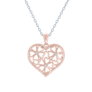 (100048A) White Cubic Zirconia Flower Pendant Necklace In Sterling Silver And Rose Gold Plate