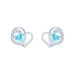 (100057) Simulated Aquamarine & White Cubic Zirconia Heart Stud Earrings In Sterling Silver