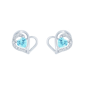 (100057) Simulated Aquamarine & White Cubic Zirconia Heart Stud Earrings In Sterling Silver