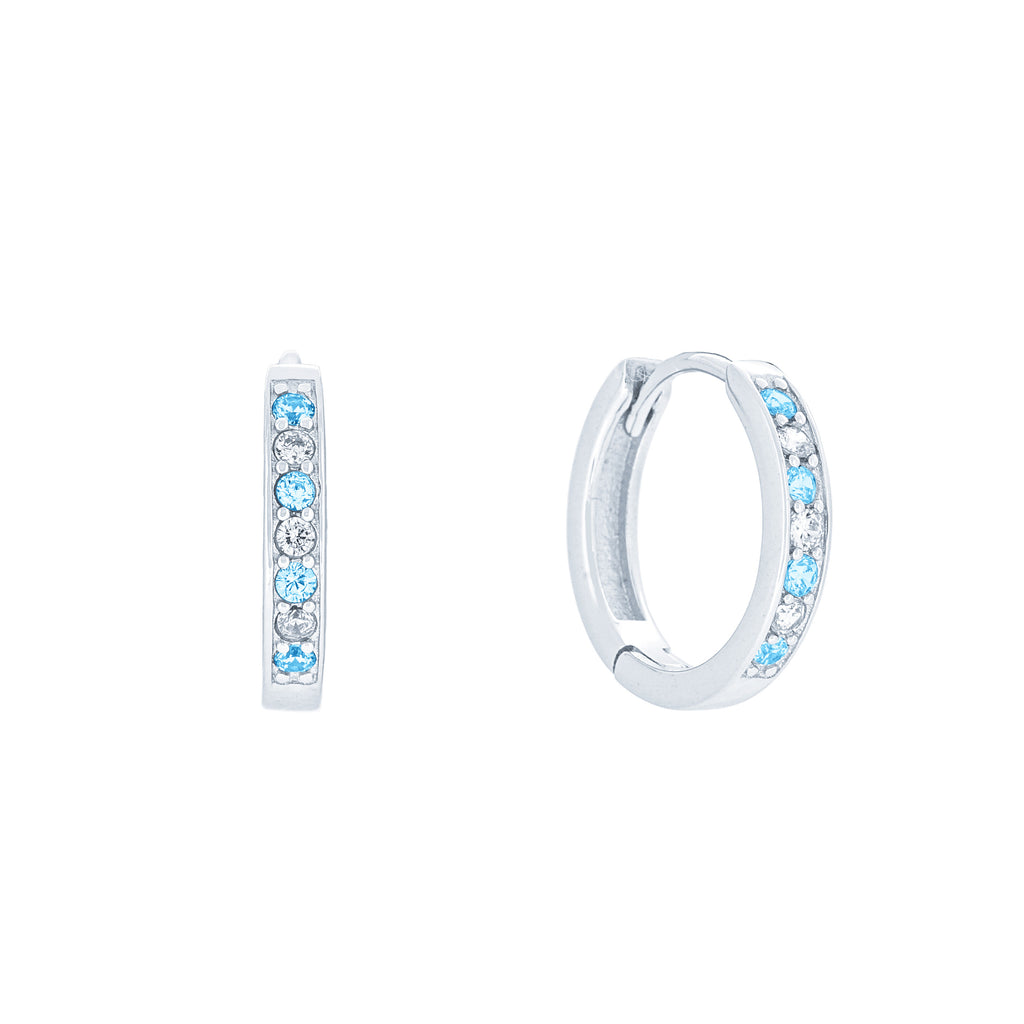 (100075) Simulated Aquamarine & White Cubic Zirconia 15mm Hoop Earrings In Sterling Silver