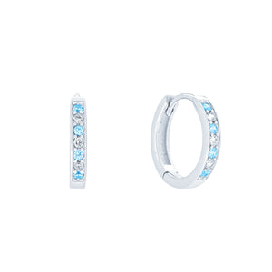 (100075) Simulated Aquamarine & White Cubic Zirconia 15mm Hoop Earrings In Sterling Silver