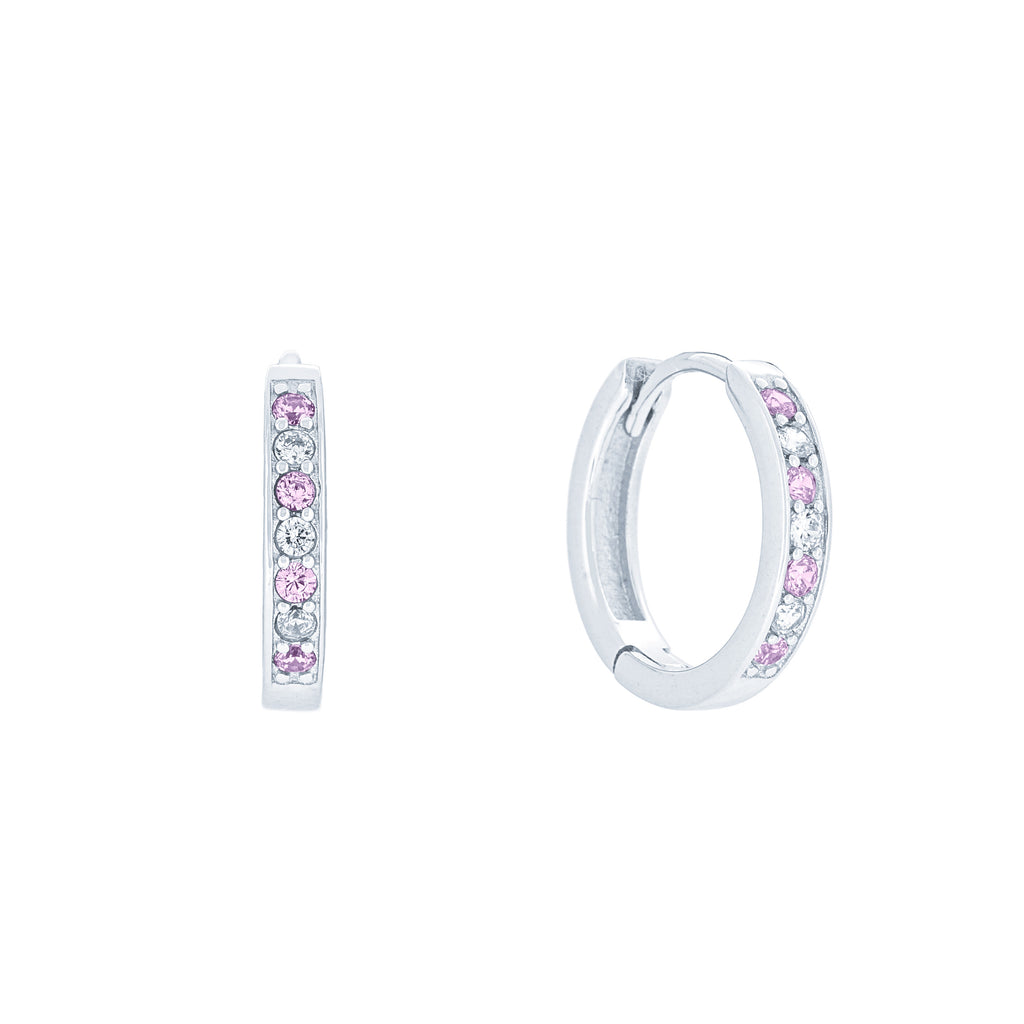 (100076) Simulated Pink Sapphire & White Cubic Zirconia 15mm Hoop Earrings In Sterling Silver