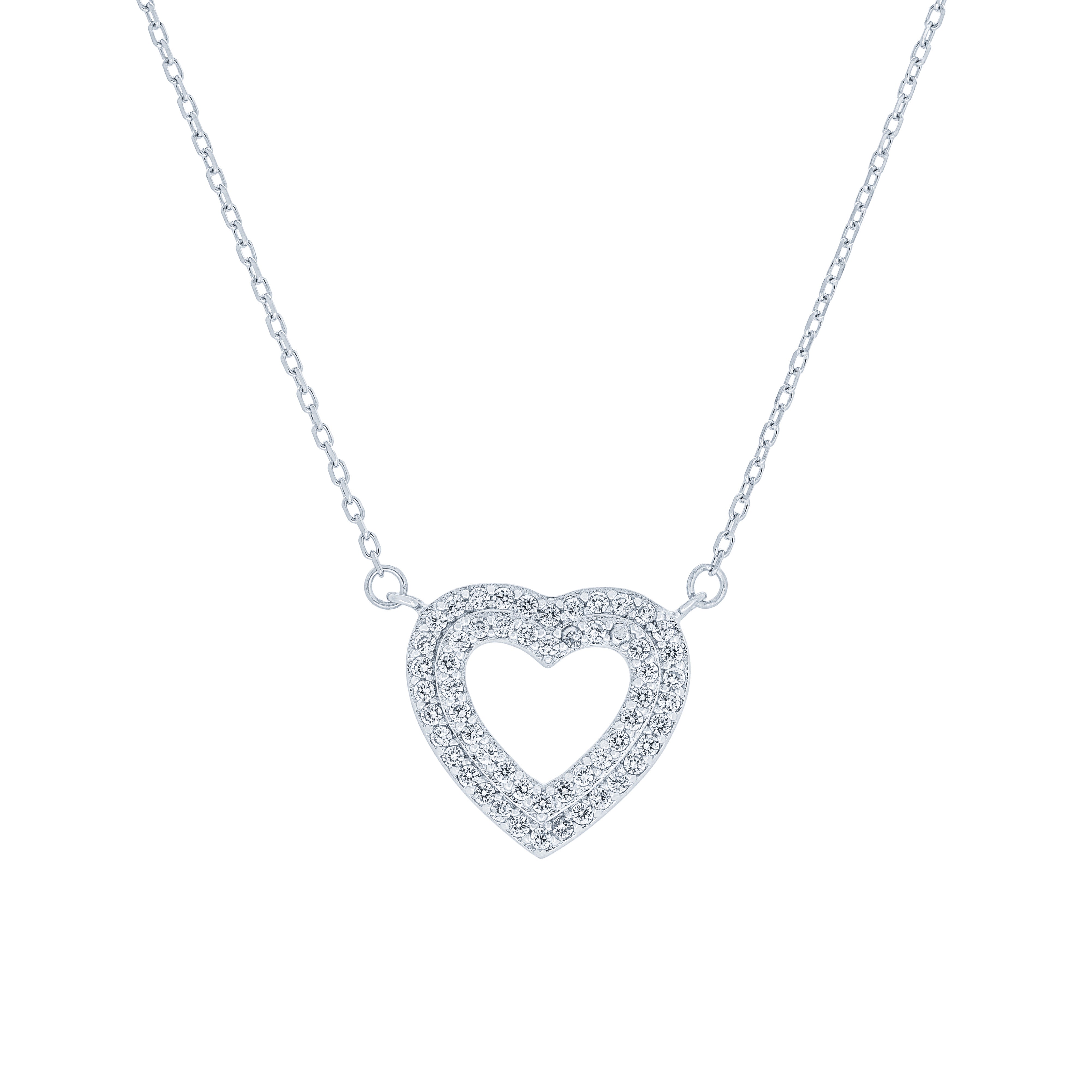 (100081) White Cubic Zirconia  Double Layers Hearts Pendant Necklace In Sterling Silver