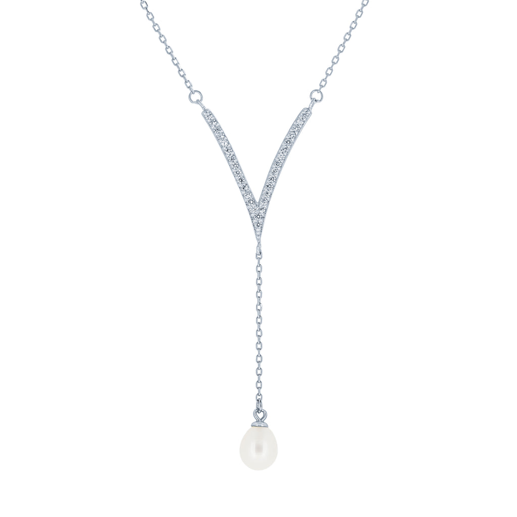 (100093) 6.5-7mm Freshwater Cultured Pearl White Cubic Zirconia Necklace In Sterling Silver