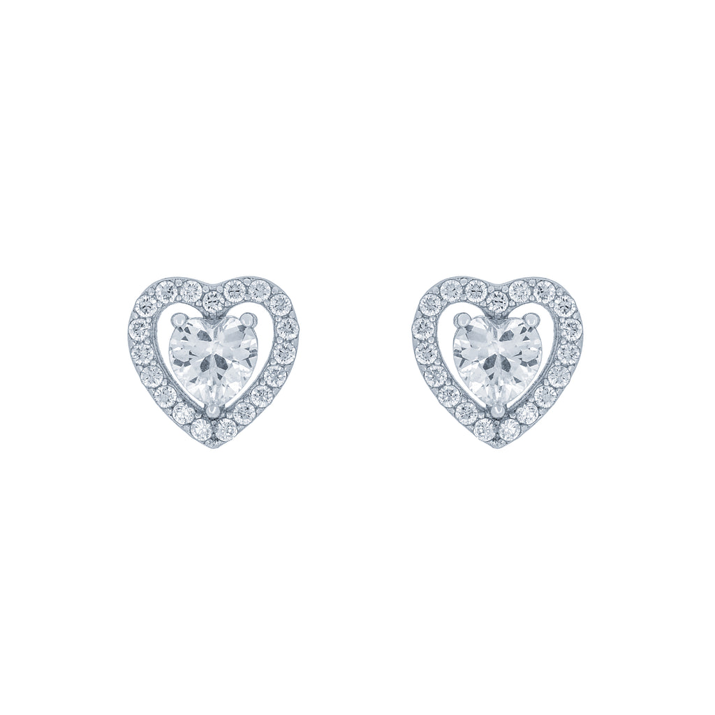 (100097) White Cubic Zirconia Heart Stud Earrings In Sterling Silver