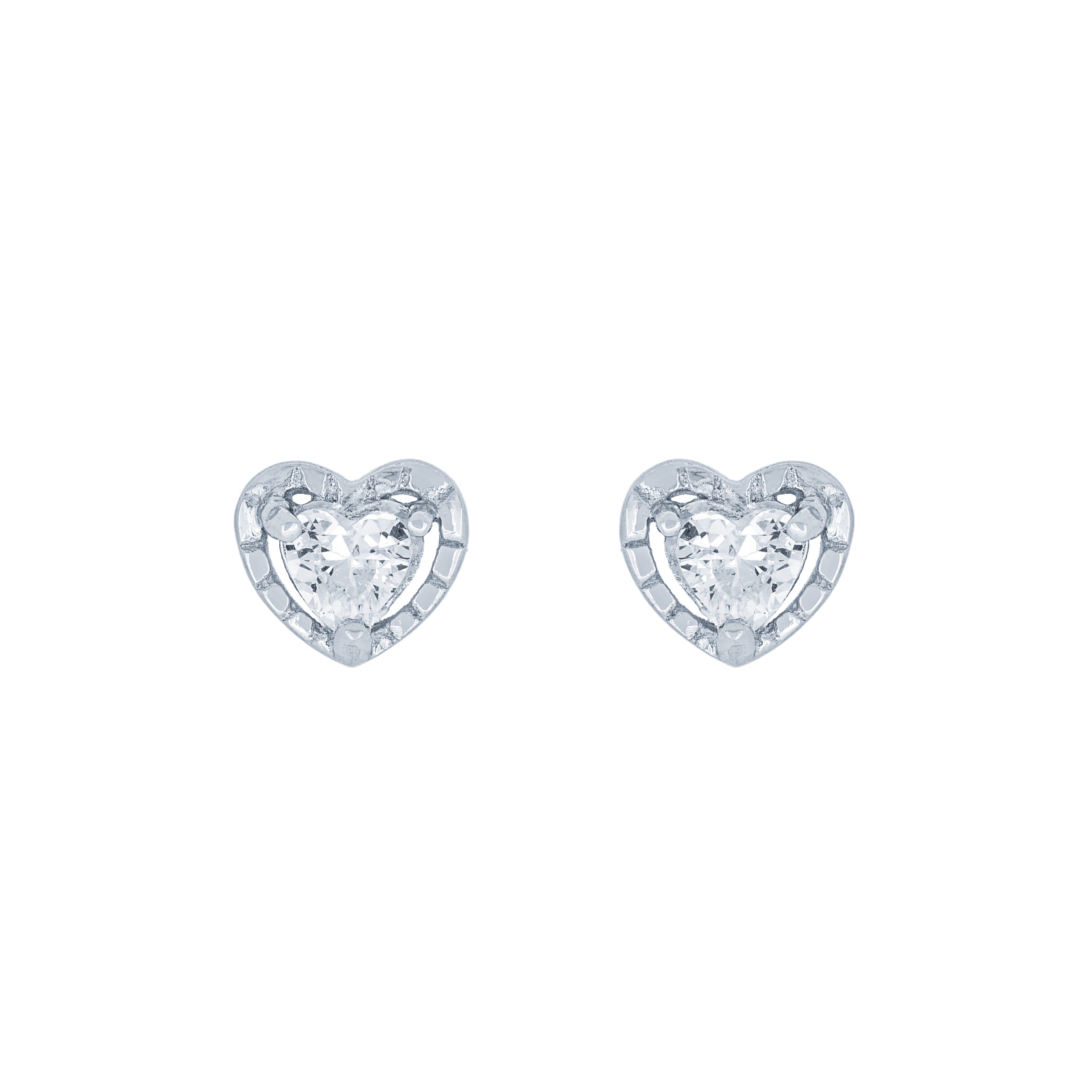 (100098) White Cubic Zirconia Heart Stud Earrings In Sterling Silver