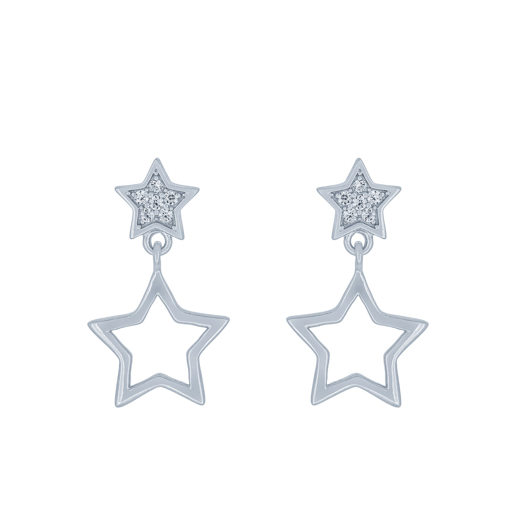 (100102) White Cubic Zirconia Stars Stud Earrings In Sterling Silver