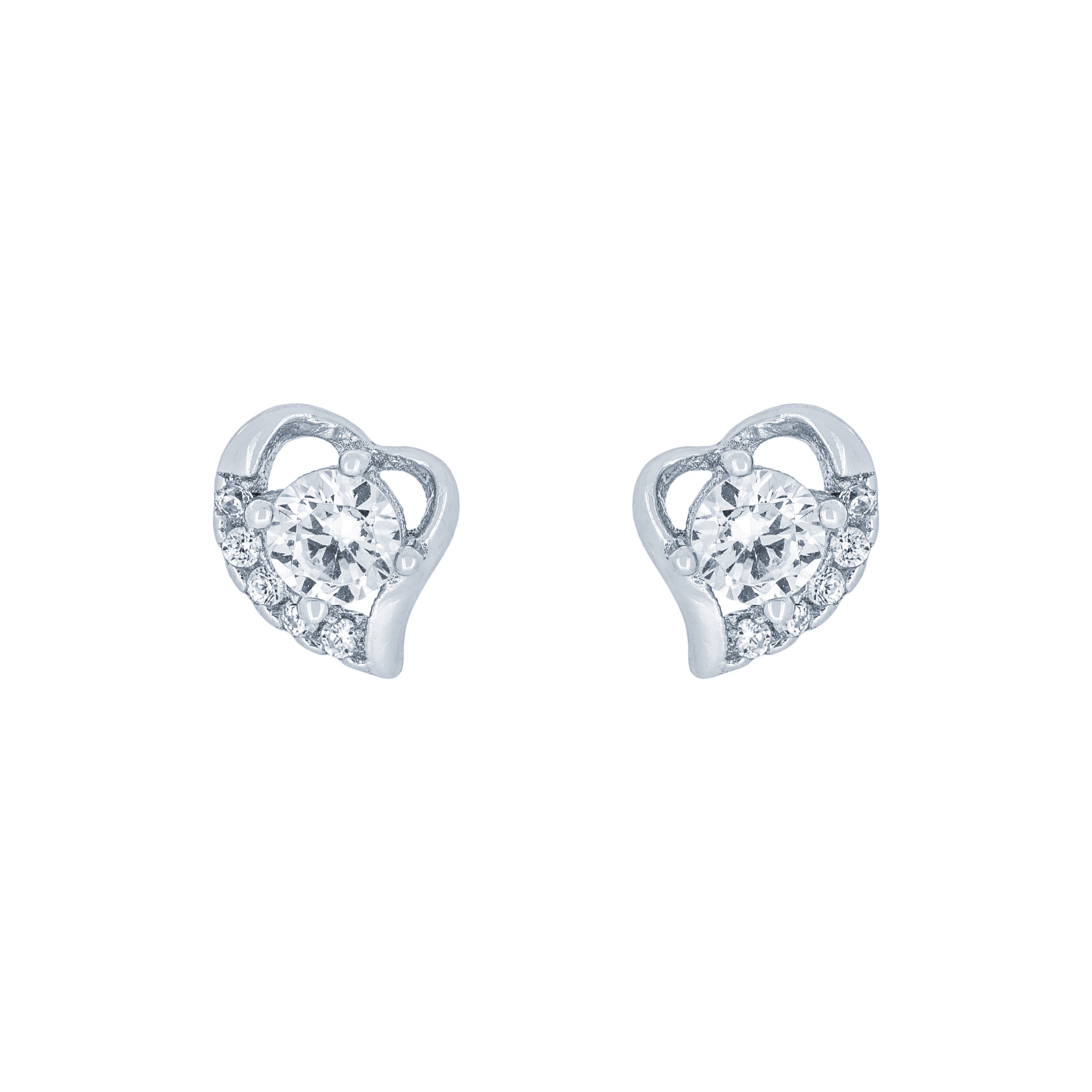(100103) White Cubic Zirconia Heart Stud Earrings In Sterling Silver