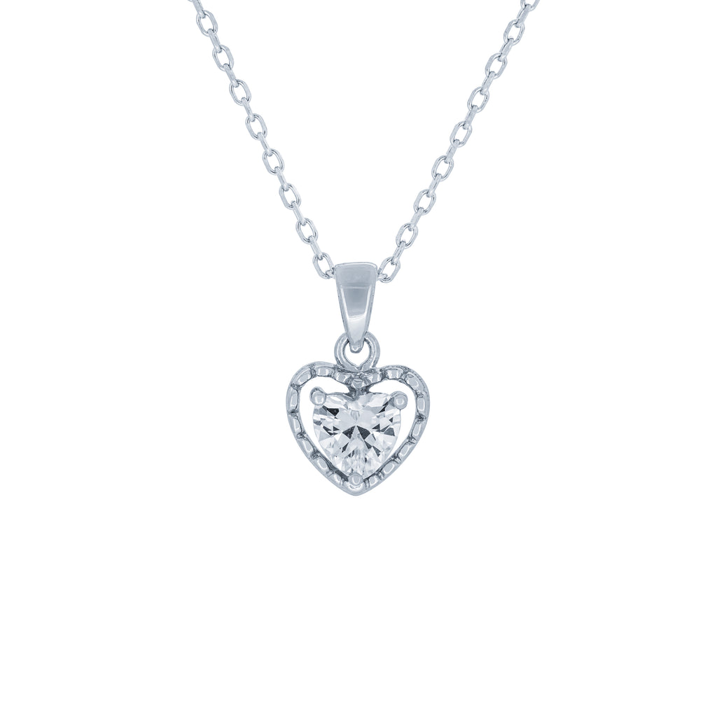 (100110) White Cubic Zirconia Heart Pendant Necklace In Sterling Silver