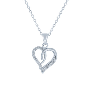 (100112A) White Cubic Zirconia Heart Pendant Necklace In Sterling Silver