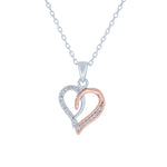 (100112) White Cubic Zirconia Heart Pendant Necklace In Sterling Silver and Rose Gold Plate
