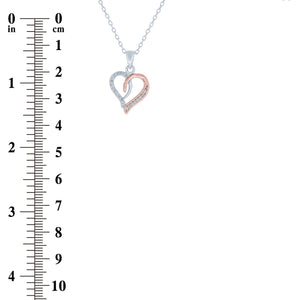 (100112) White Cubic Zirconia Heart Pendant Necklace In Sterling Silver and Rose Gold Plate
