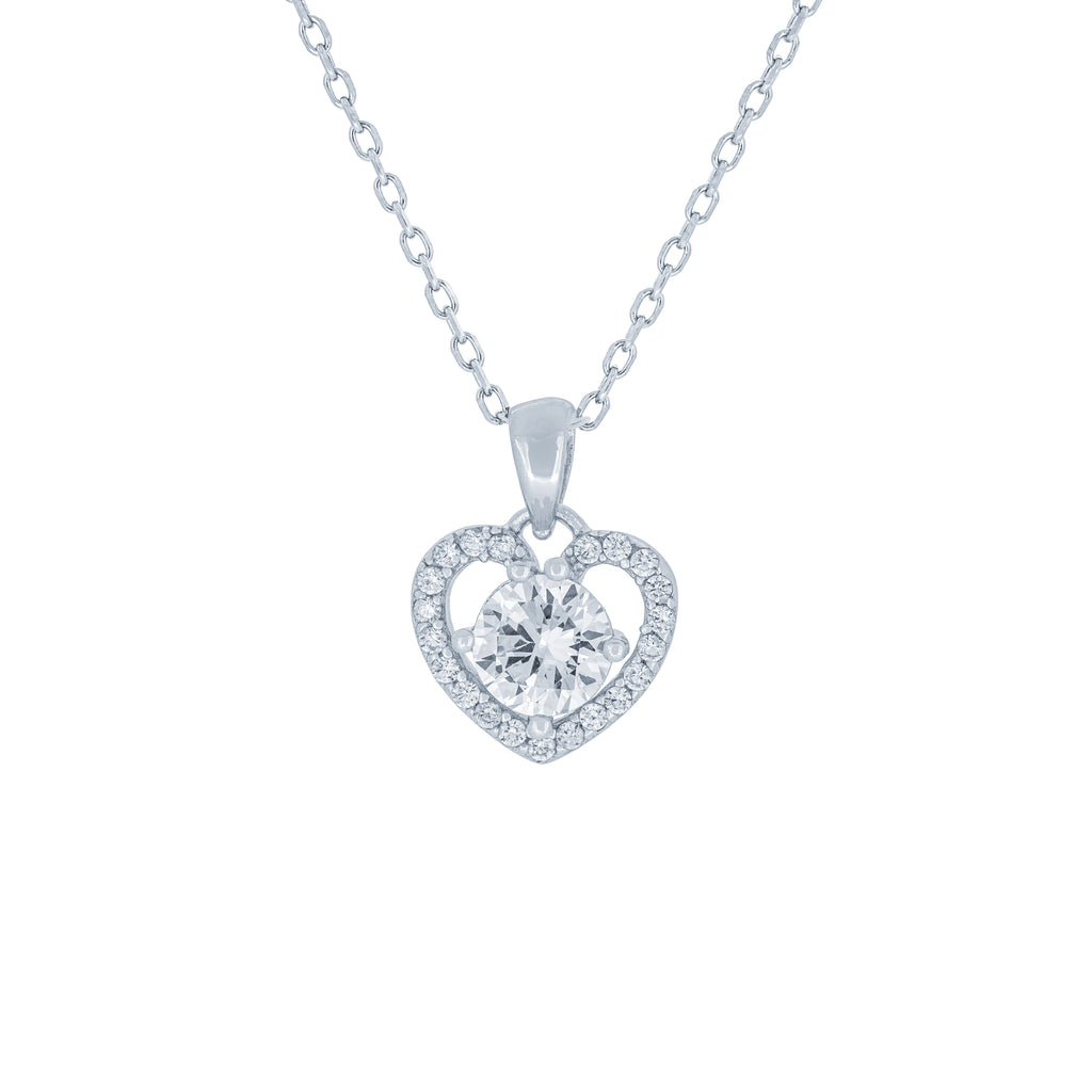 (100113) White Cubic Zirconia Heart Pendant Necklace In Sterling Silver