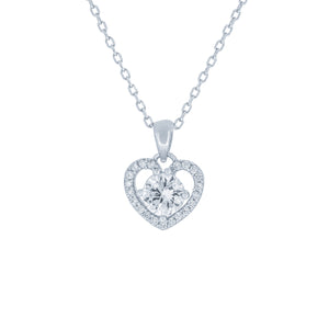 (100113) White Cubic Zirconia Heart Pendant Necklace In Sterling Silver