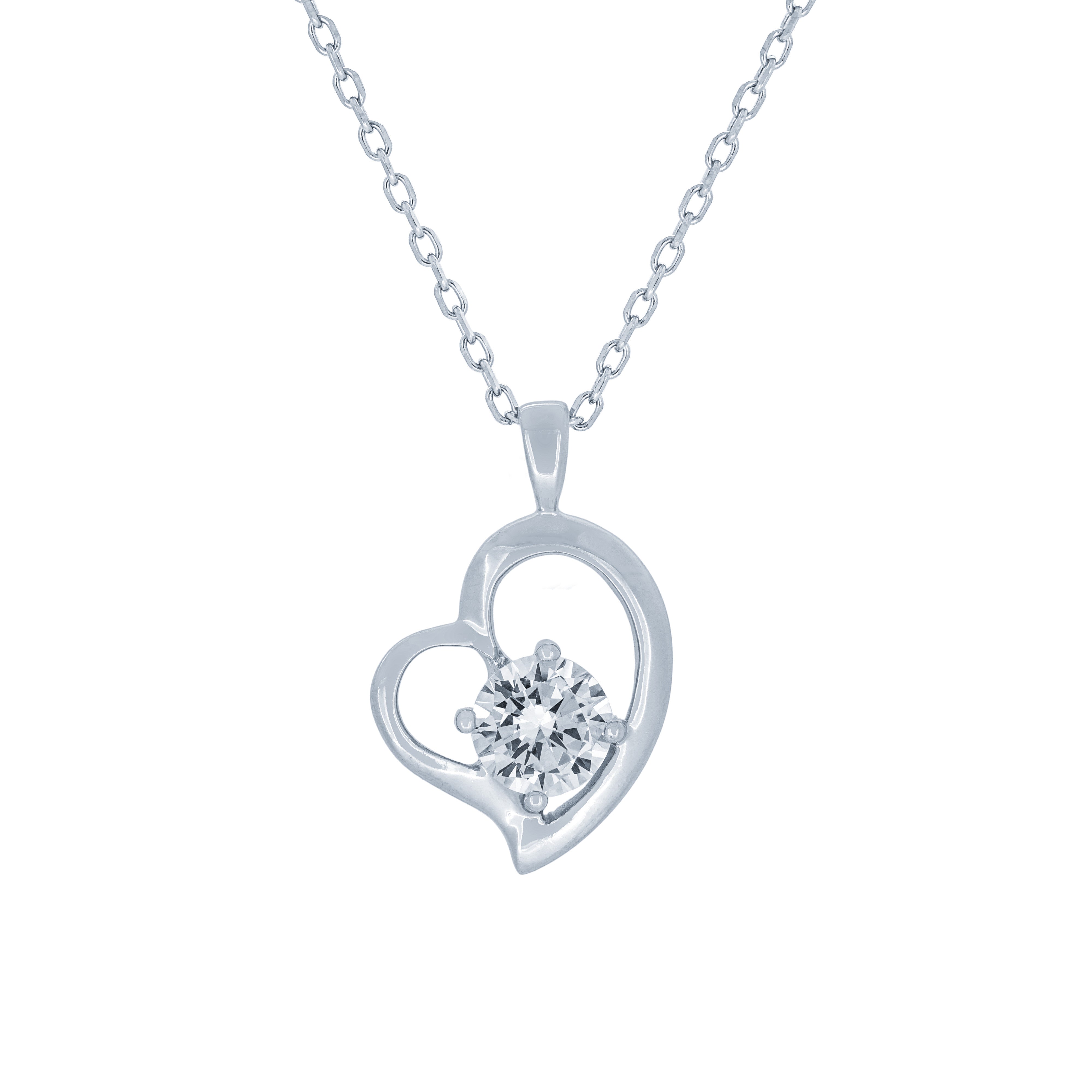 (100114) White Cubic Zirconia Heart Pendant Necklace In Sterling Silver