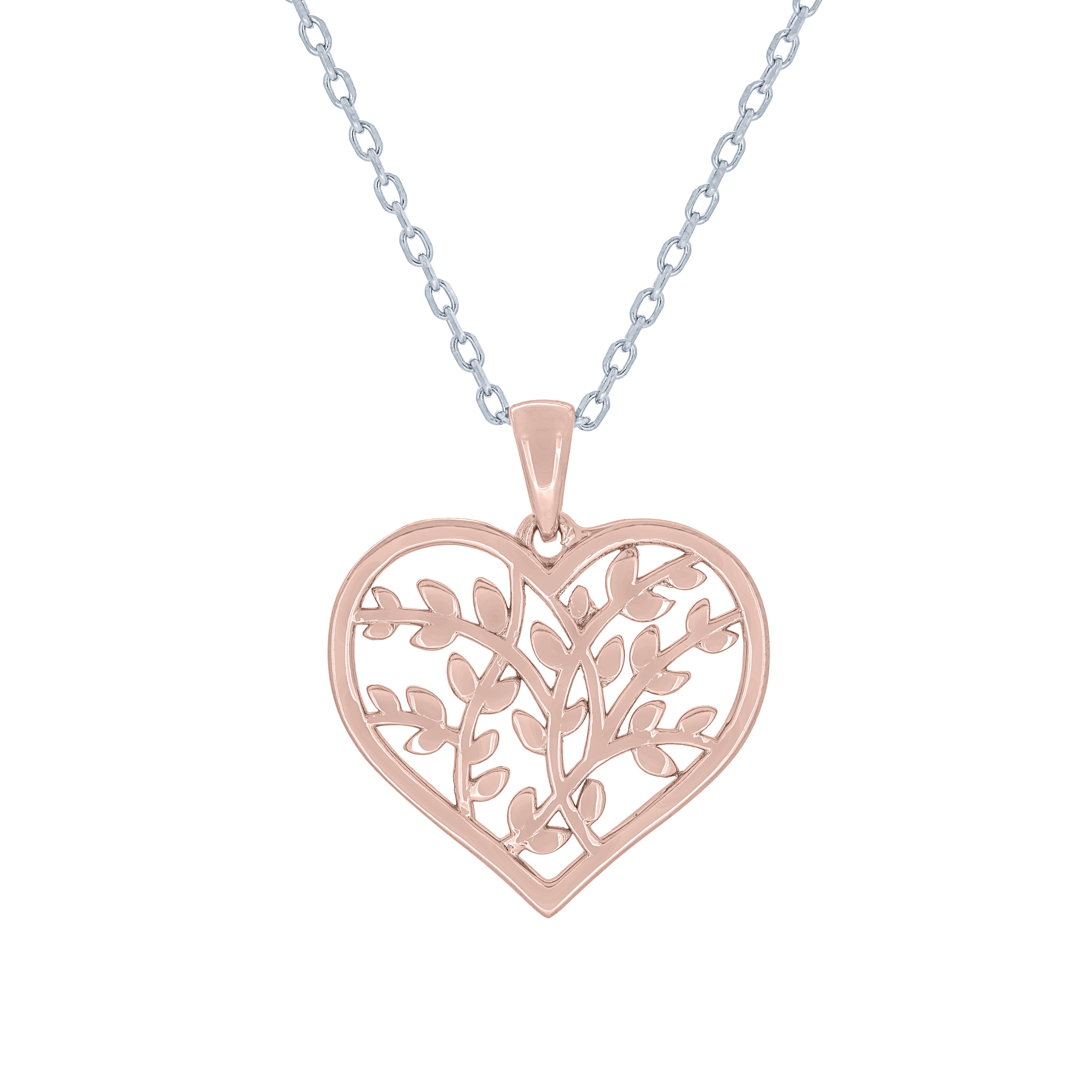 (100118A) Olive Leaf Heart Pendant Necklace In Sterling Silver and Rose Gold Plate